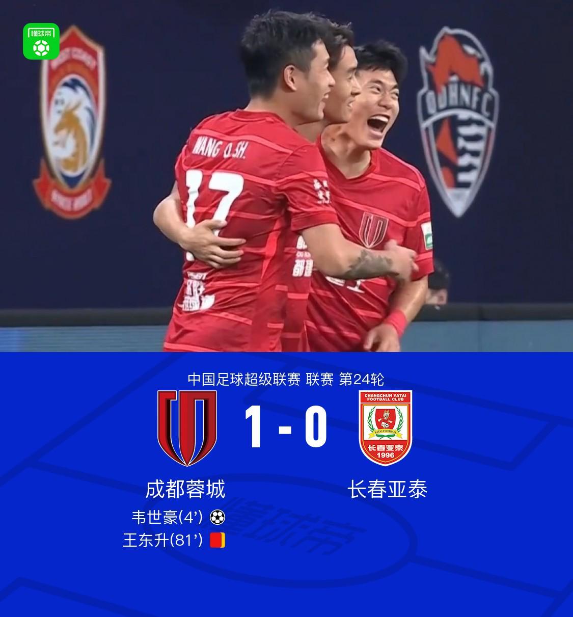 开云-成都1-0亚泰继续领跑，韦世豪任意球制胜+伤退，王东升染红